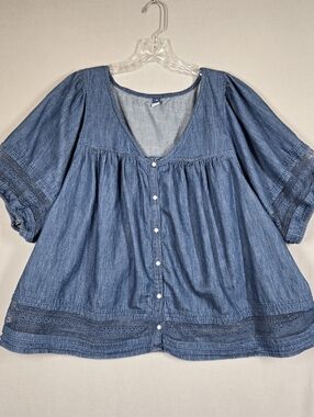 Old Navy Womens Puff Sleeve Oversized Lace Trimmed Chambray Swing Blouse Size 3X